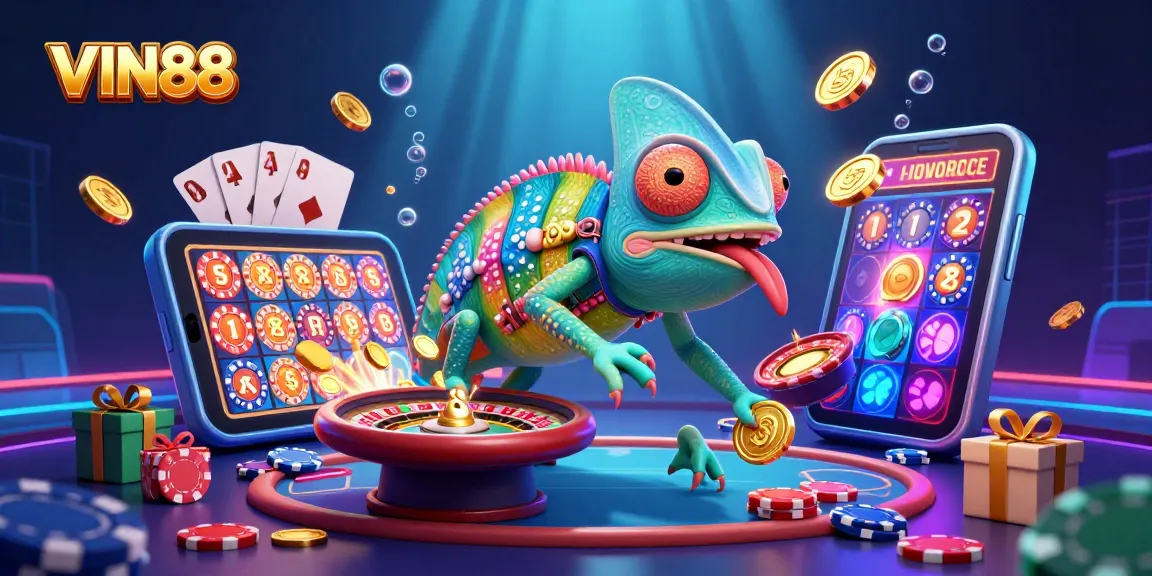 VIN88 leads the game with vibrant slots and dazzling gaming elements in a rich casino scene.