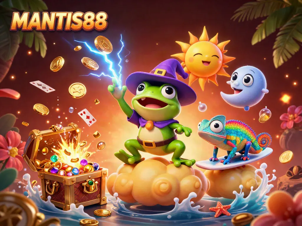 MANTIS88 features a cartoon frog wizard conjuring gold while a chameleon surfs on a cloud, full of vibrant casino elements.