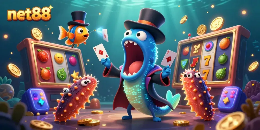 Net88 showcases gaming magic with vibrant slots, golden coins, and enchanting sea creatures.