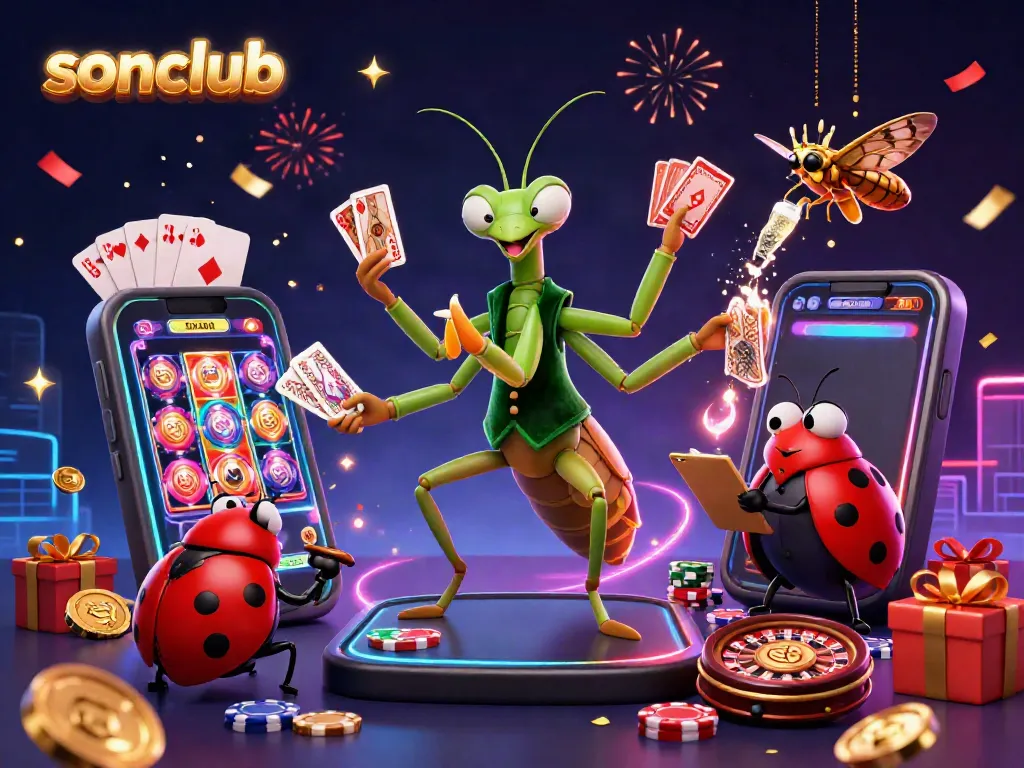 Exciting gameplay at sonclub with a giant praying mantis and ladybug pit boss in a vibrant casino scene.