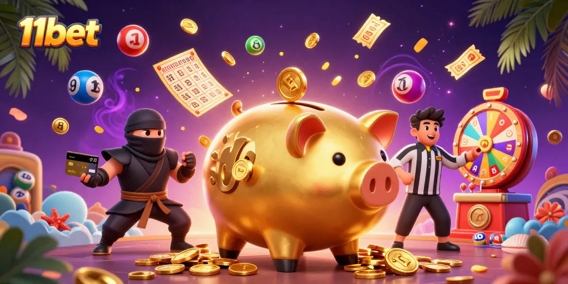 Engage with thrilling 11bet gameplay featuring a golden piggy bank, ninja, and samurai amidst vibrant lottery action.
