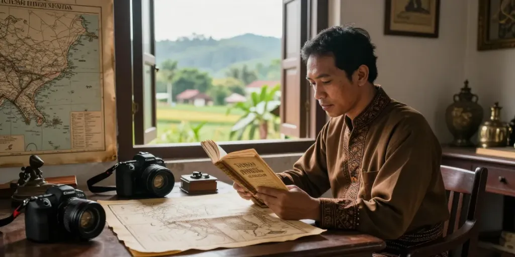 Enlightening scene of rokok88 slot highlighting Indonesian scholar surrounded by historical artifacts.