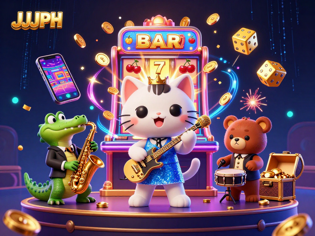 Experience JJJPH excitement with a vibrant cartoon scene showcasing casino elements and characters.
