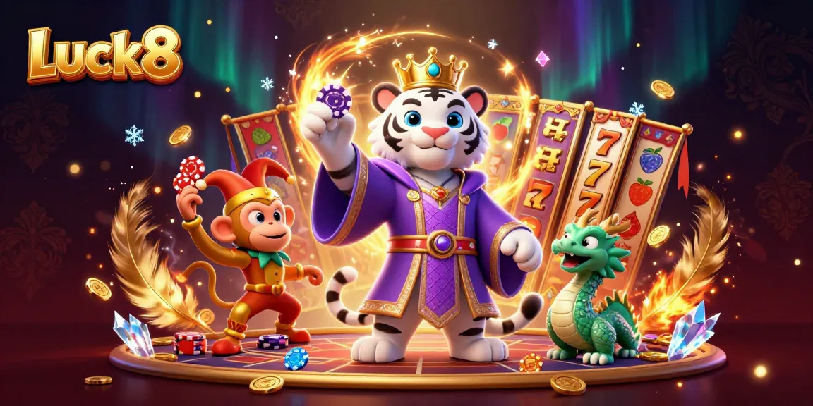 Luck8 illustrates a vibrant casino scene with a cartoon tiger, monkey, and dragon amidst slot reels and gold coins.