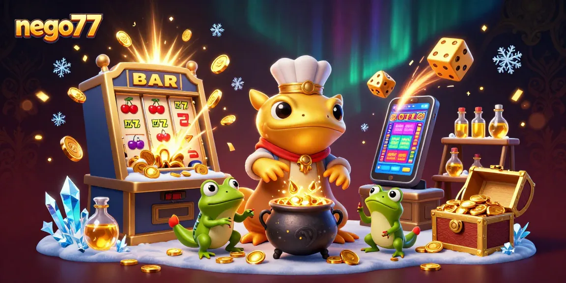 Unleash the fun with nego77's vibrant 3D illustration of an alchemist and slots in a casino!