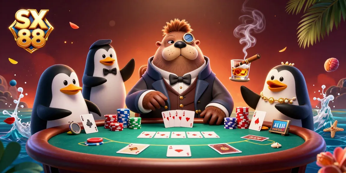 Play cards underwater at SX 88 with a walrus, penguin dealer, and pufferfish in an energetic game