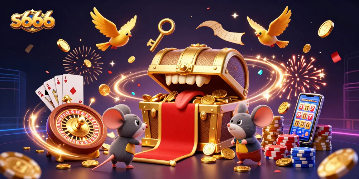 Experience the thrill of s666's vibrant 3D scene with golden treasures and exciting casino elements.
