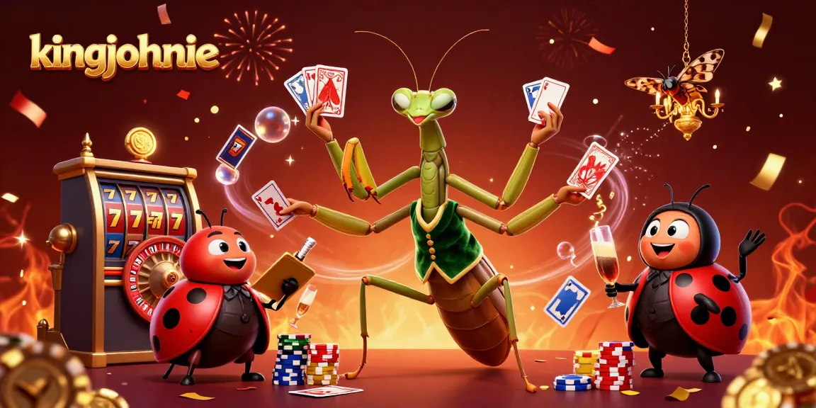 kingjohnnie's lively casino scene depicts a giant praying mantis and ladybug engaged in card games and celebration.