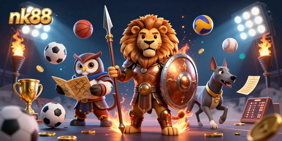 Betting strategies and excitement at nk88 Casino with Spartan lion, owl, and greyhound characters.