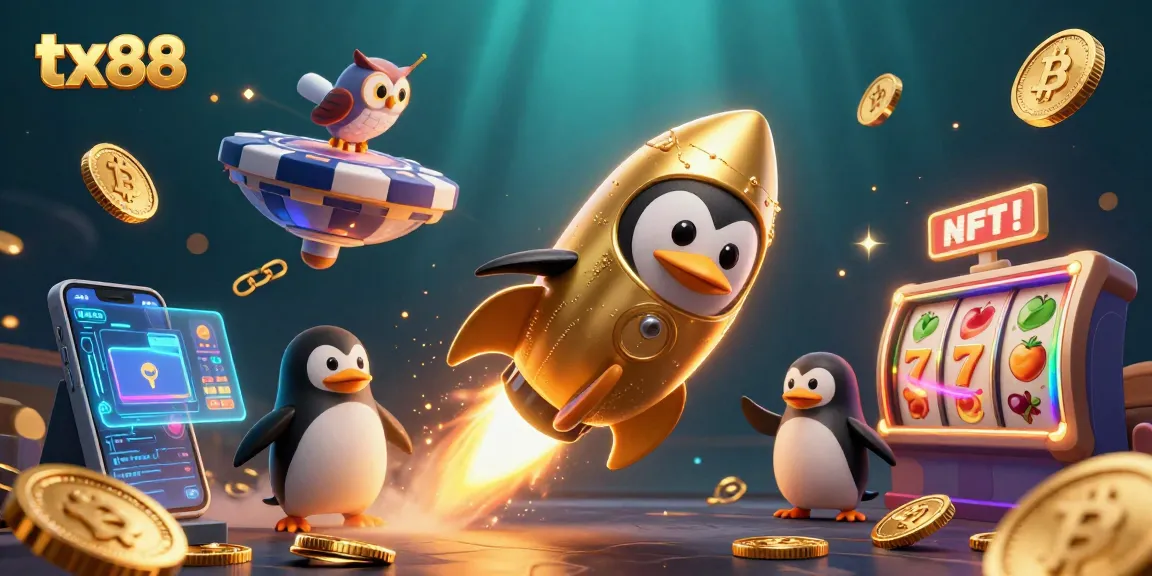Experience tx88 with a dynamic rocket-powered penguin racing towards a vibrant casino chip in space.