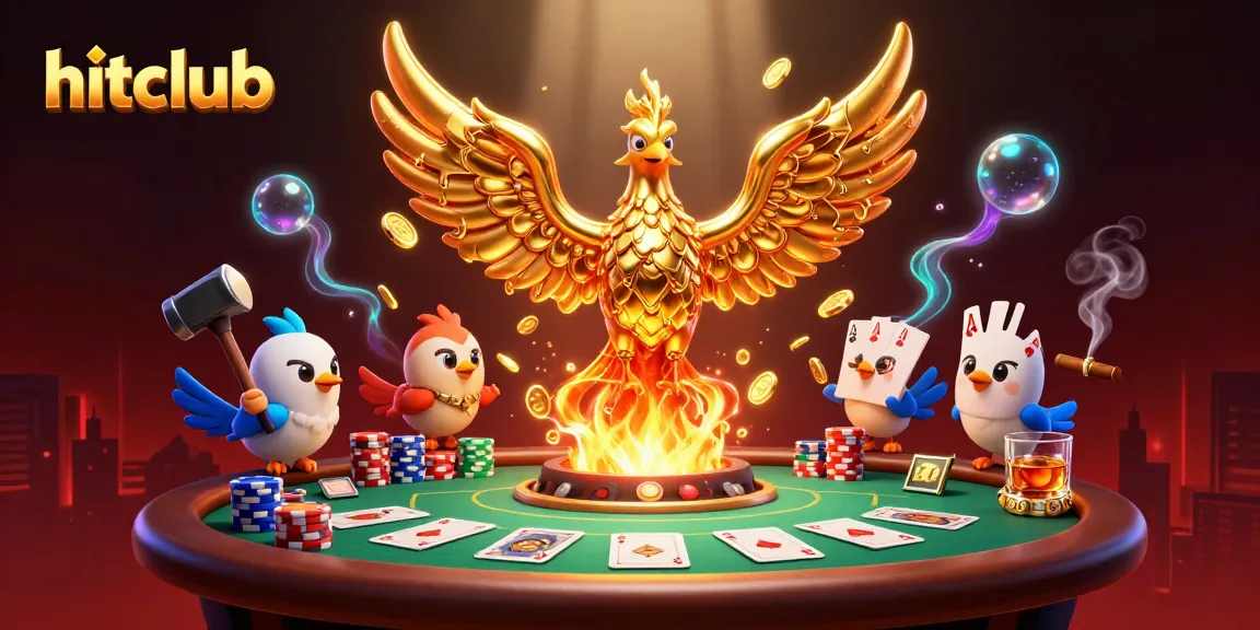 Experience thrilling action at hitclub with a vibrant 3D illustration depicting poker games and golden winnings.