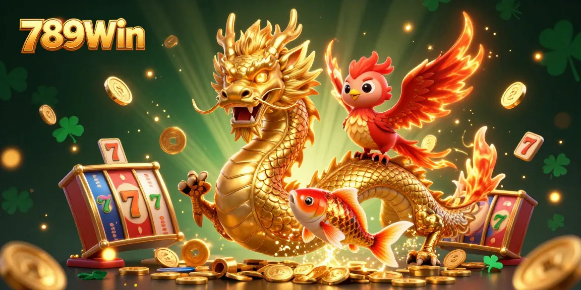 Engage with 789Win's exhilarating slot games featuring a golden dragon, phoenix, and koi fish amidst sparkling coins.