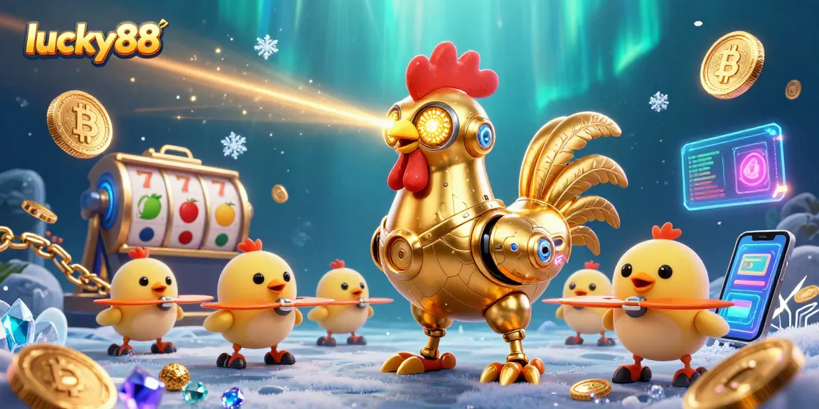Engage with lucky88 in this vibrant casino-inspired scene featuring a golden rooster robot.