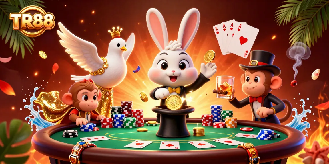 Experience the excitement of TR88 with a magician rabbit, poker elements, and a vibrant casino scene.